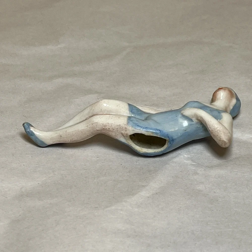 Antique German Art Deco Bisque Bathing Beauty Blue Suit Cap Laying Germany 6875